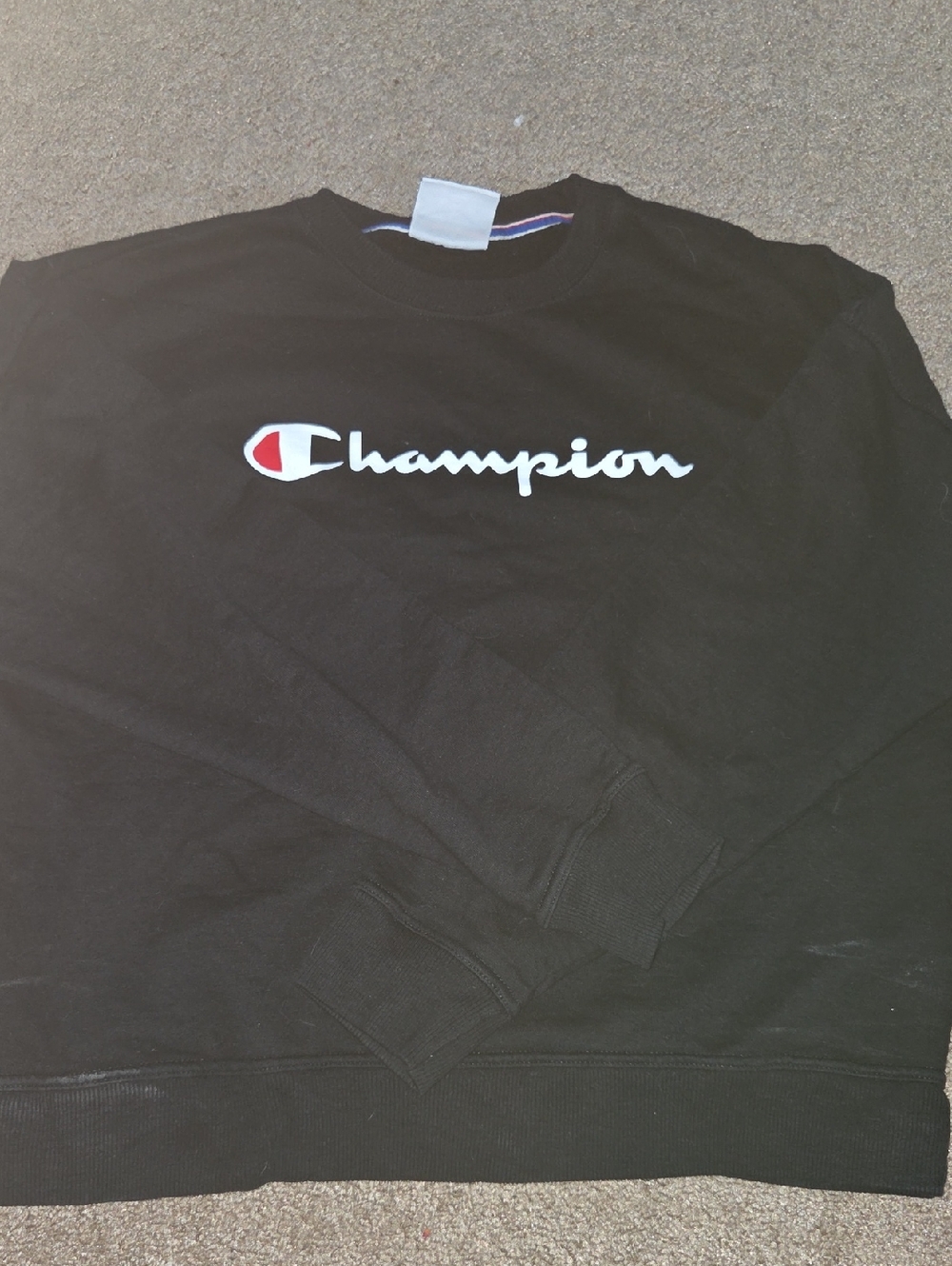 Champion Black Crewneck with White Logo and Red Accent